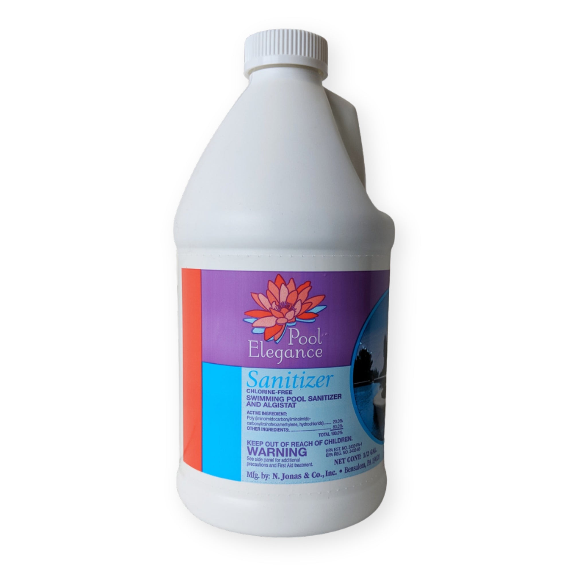 The SPD Pool Elegance Sanitizer 1/2 Gallon Bottle (Biguanide) is a white plastic bottle with a red and blue label, featuring a secure white screw cap. It sanitizes pools and controls algae with no odor or eye burn.