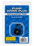 Pump Drain Plug replacement part in its original retail blister packaging, featuring a black plastic plug and rubber O-ring on a blue diamond plate patterned backing card.