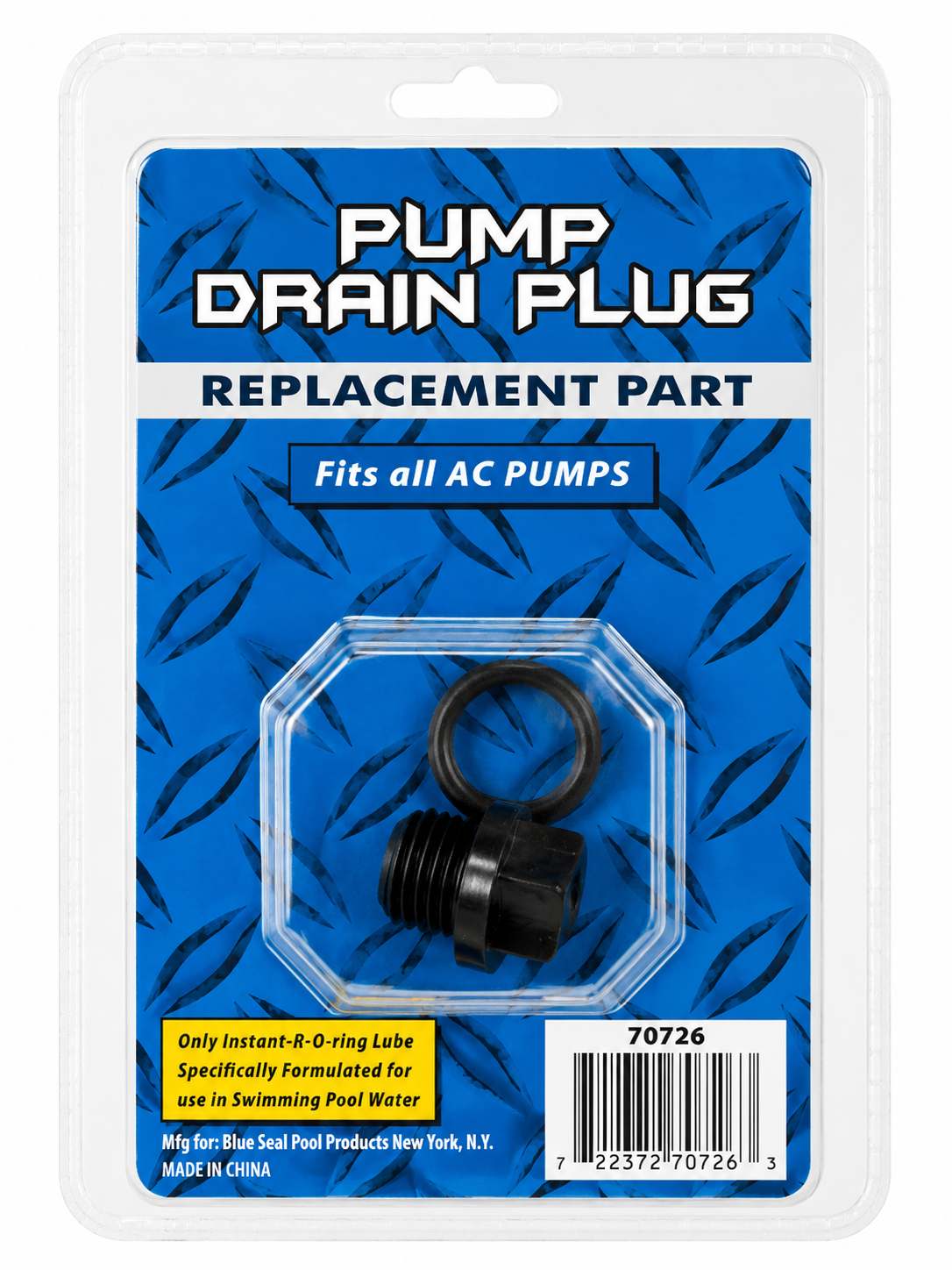 Pump Drain Plug replacement part in its original retail blister packaging, featuring a black plastic plug and rubber O-ring on a blue diamond plate patterned backing card.