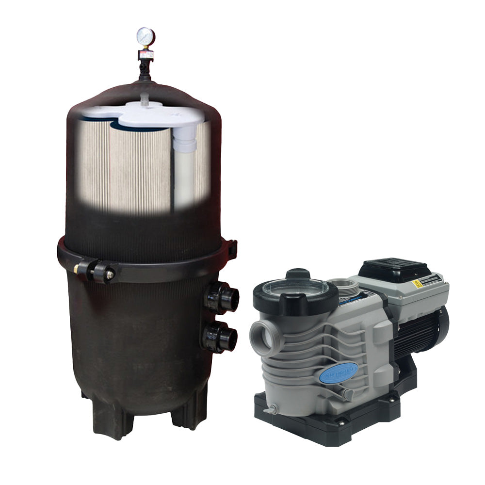 The SPD 525 Sq. Ft. Black Diamond Pressure Cartridge Filter with a 2.0 HP variable speed pump provides superior 2 micron filtration, shown here with its gauge and blue-labeled electric pump against a white background.