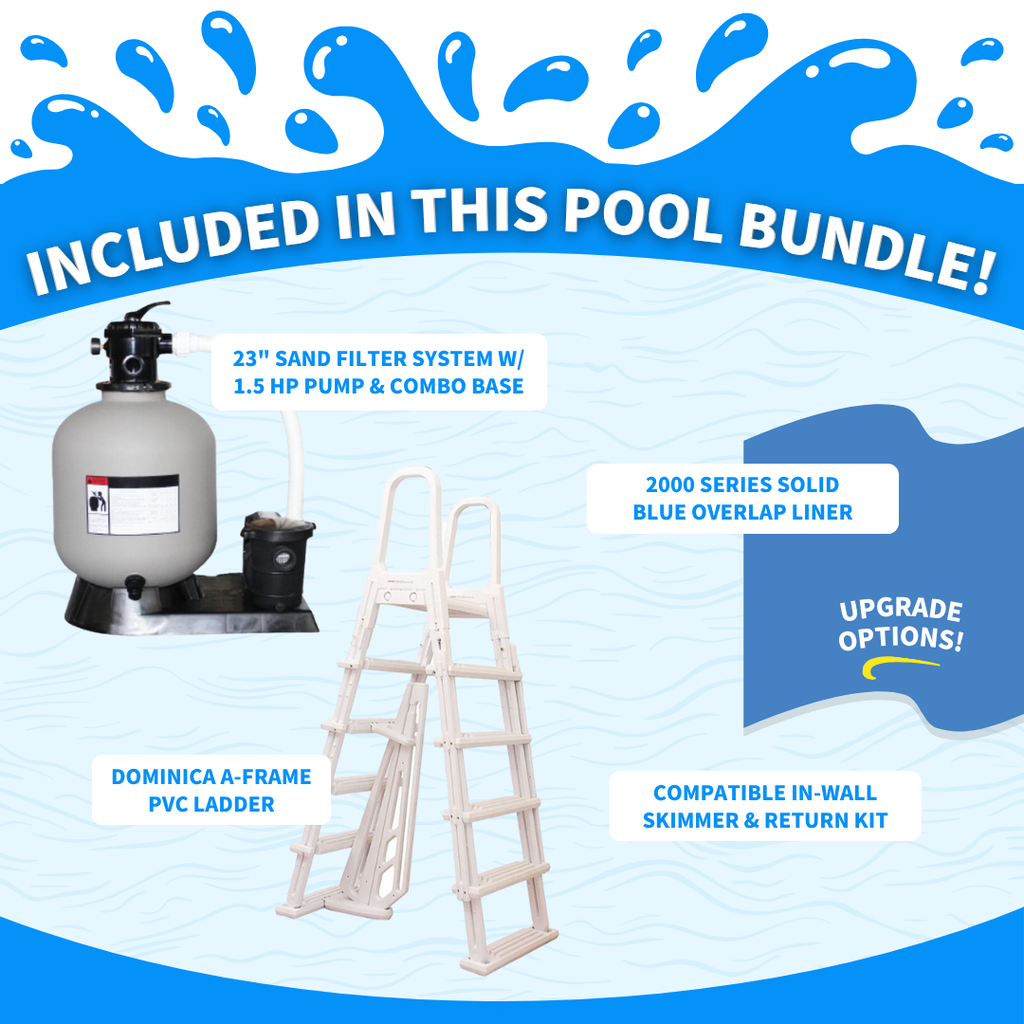 Pool bundle package with sand filter system, ladder, and liner on a blue and white background