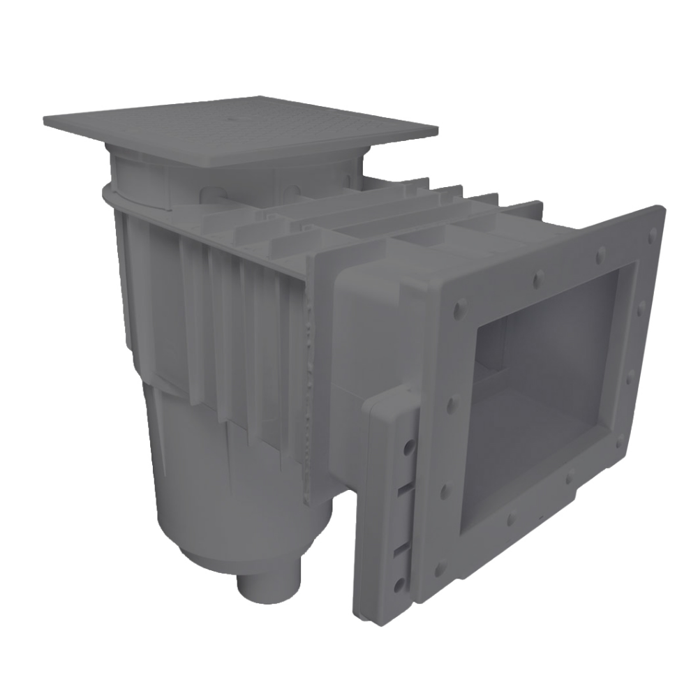 The SPD In-Ground Skimmer & Return Kit (Aquasports Combo Pool Package) features a gray, rectangular design with flanged edges, ribbed sides, and a cylindrical base for efficient pool water management.