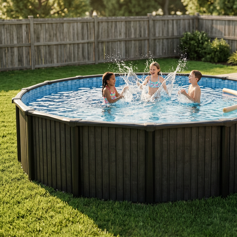 Children playing in a round above-ground pool on a grassy lawn.