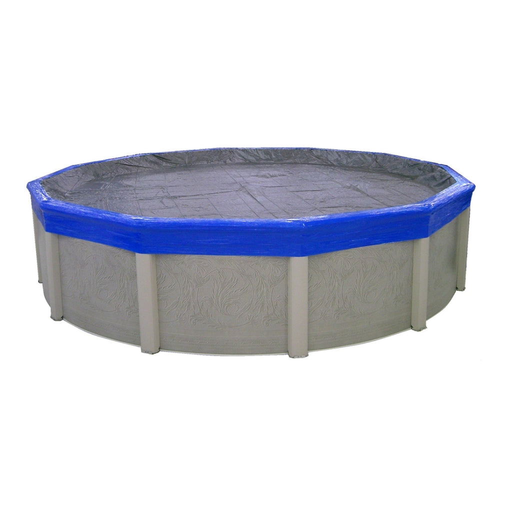 Protect your round above-ground pool with the Gladon Winter Cover Sealer by SwimmingPoolDiscounters, ensuring a secure seal for your gray pool and cover with white supports during winterization.
