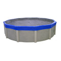 Protect your round above-ground pool with the Gladon Winter Cover Sealer by SwimmingPoolDiscounters, ensuring a secure seal for your gray pool and cover with white supports during winterization.