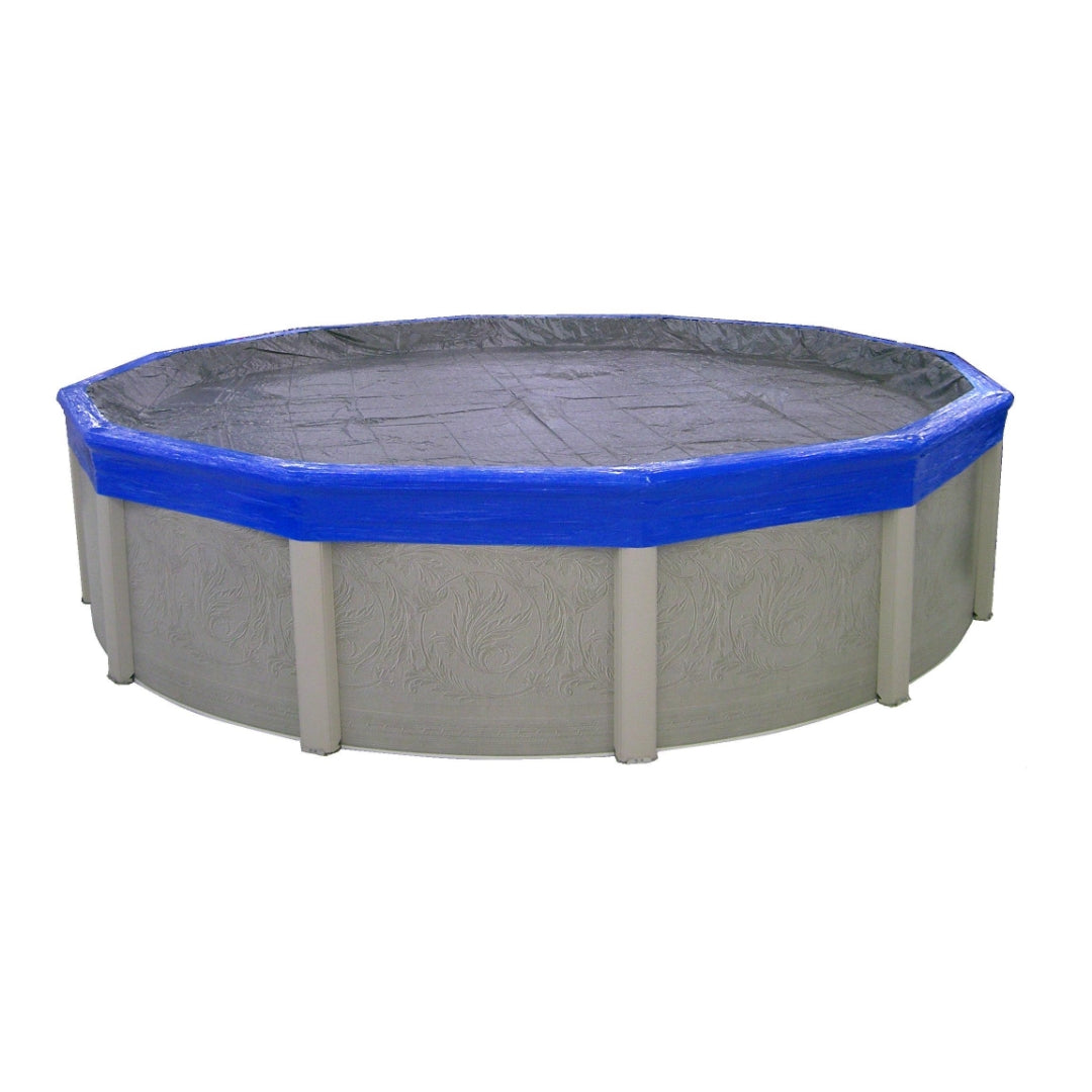 Protect your round above-ground pool with the Gladon Winter Cover Sealer by SwimmingPoolDiscounters, ensuring a secure seal for your gray pool and cover with white supports during winterization.