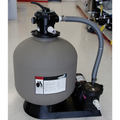 A SwimmingPoolDiscounters 23" Sand Master Energy Saver Filter System with 1.5 HP 2-Speed Energy Saver Pool Pump, hoses attached, is displayed on a black base on a white tiled store floor.