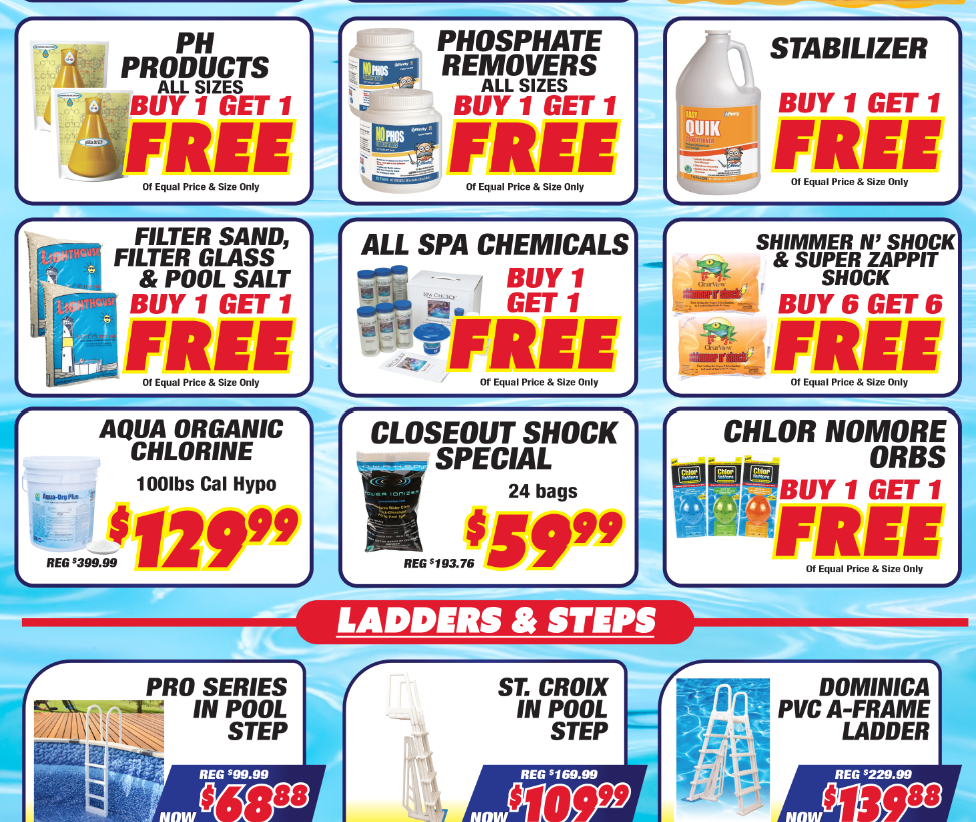 A promotional flyer for pool and spa chemicals and equipment, featuring multiple 'Buy 1 Get 1 Free' deals with product images and pricing on a light blue water-themed background. Deals include PH Products, phosphate removers, stabilizers, filter sand, spa chemicals, shock, chlorine, and ladders/steps.