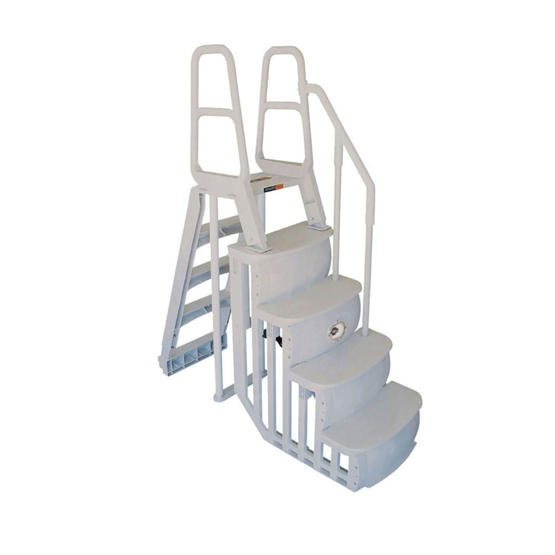 The SPD Smart Step Entry System for pools up to 54″ deep features four wide curved steps, two handrails, an extra side railing, a sturdy frame, and open sides for water flow—ideal for above-ground pool entry.