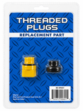Blue Seal pool plugs replacement part in blister packaging, featuring a yellow threaded plug and a black cap on a blue diamond plate patterned backing card.