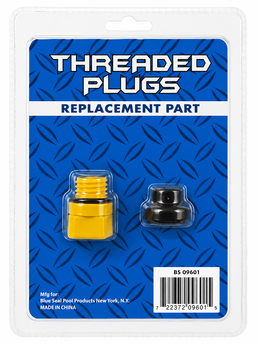 Blue Seal pool plugs replacement part in blister packaging, featuring a yellow threaded plug and a black cap on a blue diamond plate patterned backing card.