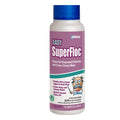 A 1-quart bottle of Swimming Pool Discounters Affinity Easy SuperFloc quickly settles dirt, removes algae, and clears cloudy water for easy vacuum clean-up. The bottle features a purple label and is trusted as a cloudy water clarifier.