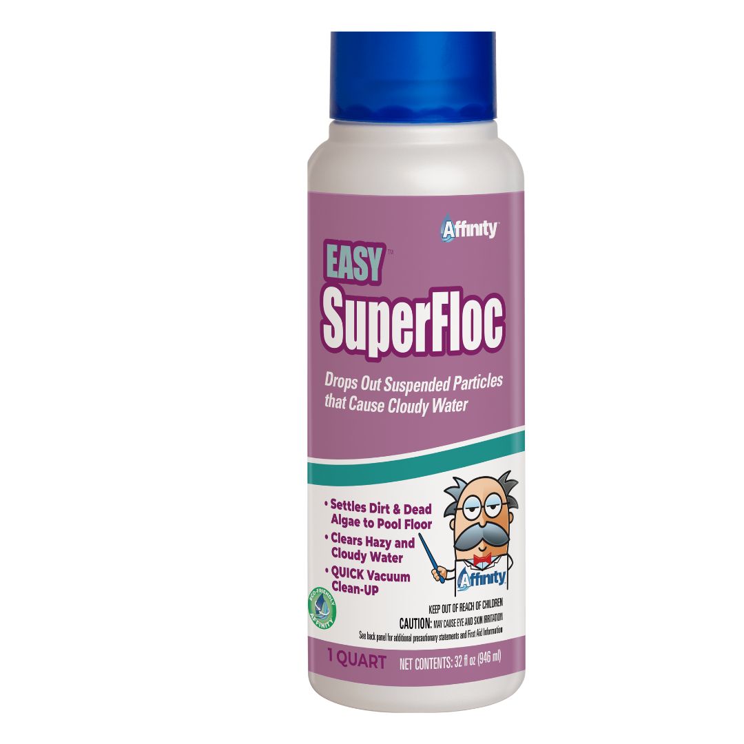 A 1-quart bottle of Swimming Pool Discounters Affinity Easy SuperFloc quickly settles dirt, removes algae, and clears cloudy water for easy vacuum clean-up. The bottle features a purple label and is trusted as a cloudy water clarifier.