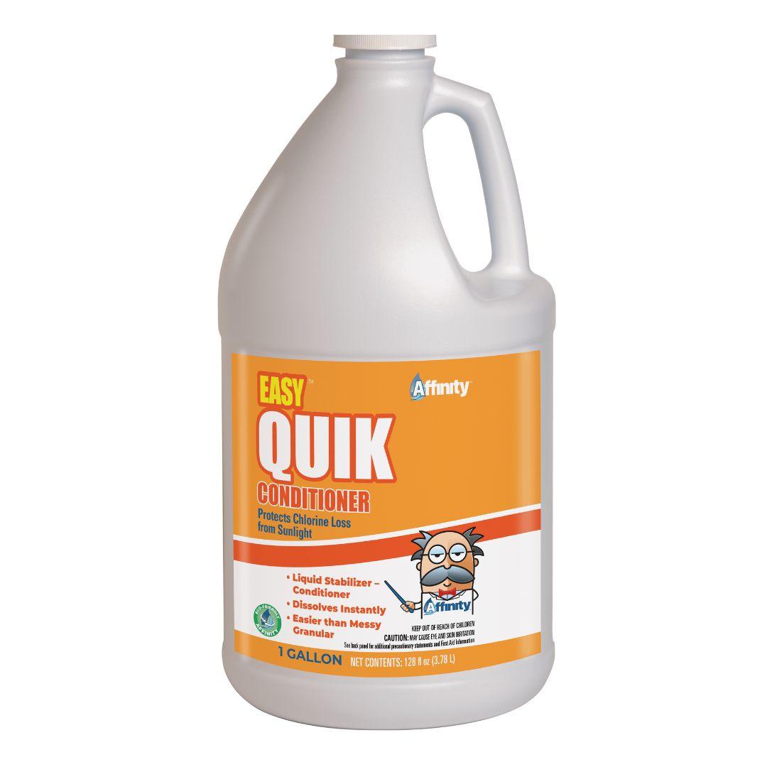 A one-gallon plastic jug labeled Affinity Liquid Conditioner Stabilizer by Swimming Pool Discounters, with an orange label, a cartoon character, and product details for use as a liquid pool stabilizer.