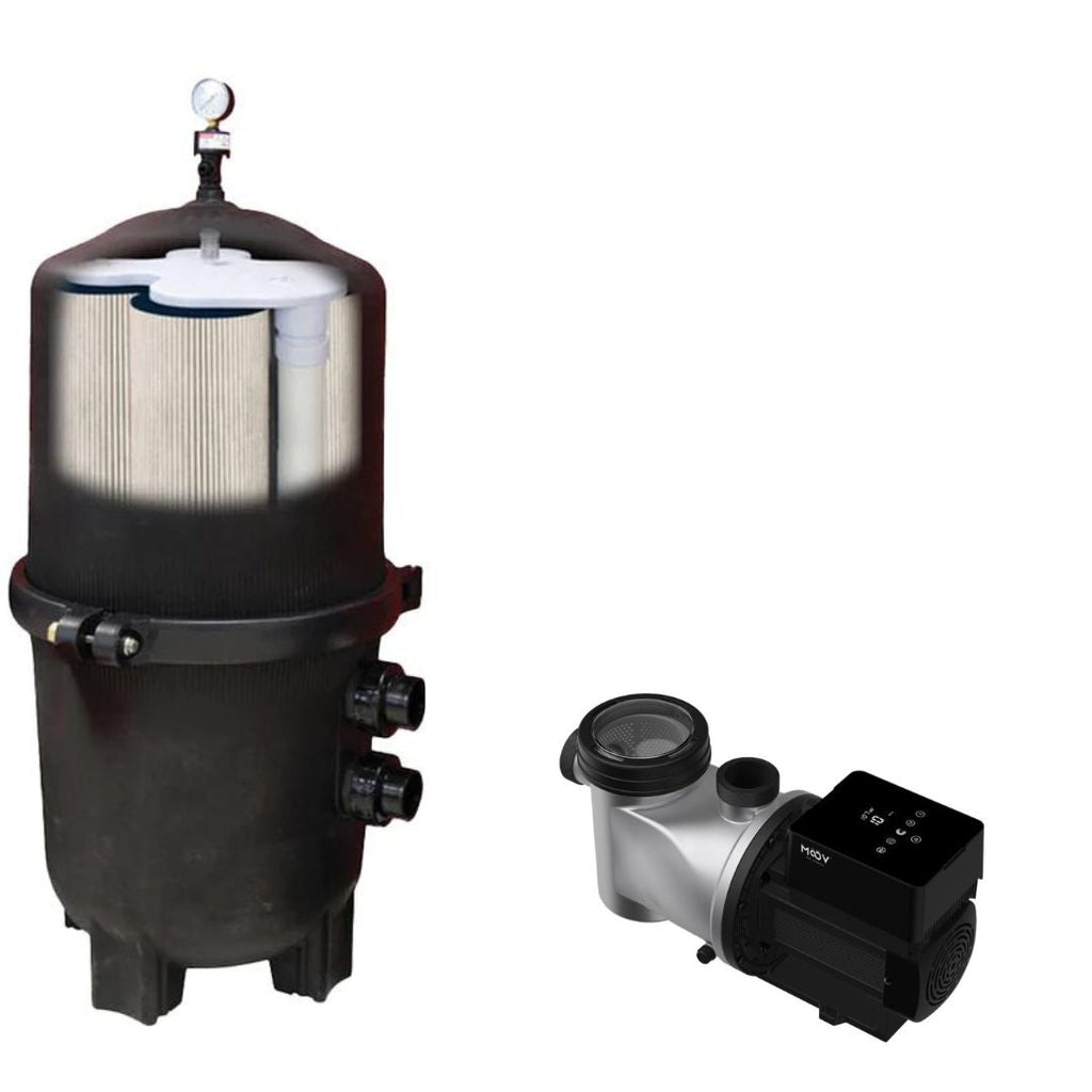 The Pool Nation USA 525 Sq. Ft. Black Diamond Pressure Cartridge Filter with 1.65HP Variable Speed Moov Pump provides efficient pool water filtration and circulation, compatible with Reemay or Black Diamond filter cartridges.