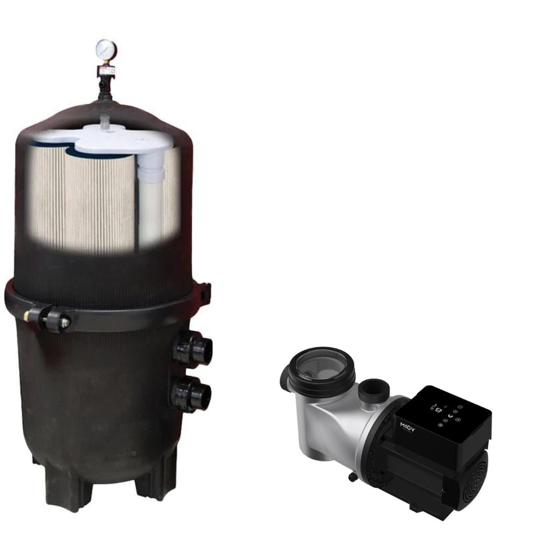 The Pool Nation USA 525 Sq. Ft. Black Diamond Pressure Cartridge Filter with 1.65HP Variable Speed Moov Pump provides efficient pool water filtration and circulation, compatible with Reemay or Black Diamond filter cartridges.