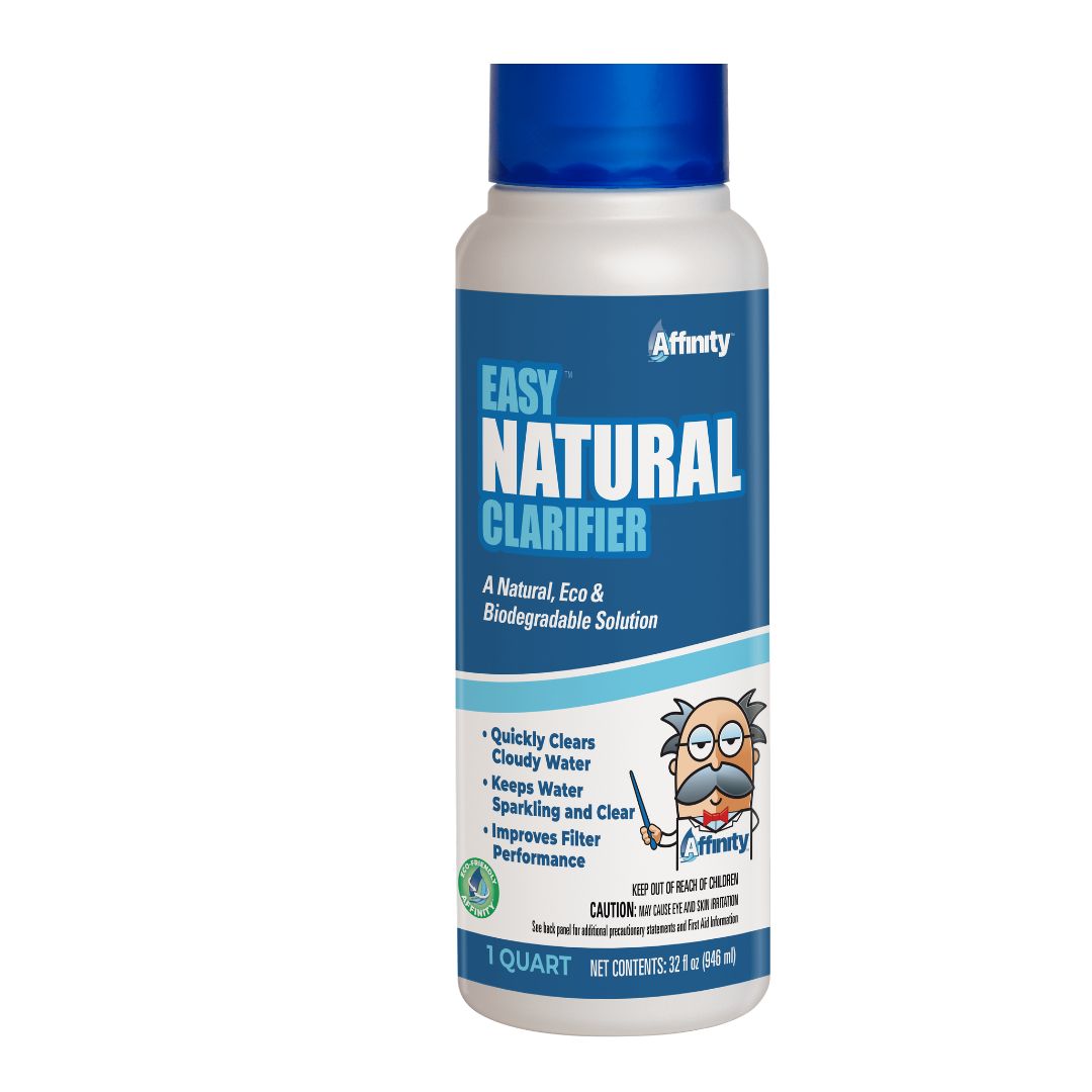 A 1-quart (946 ml) bottle of Swimming Pool Discounters’ Affinity Easy Natural Clarifier (Qt), a biodegradable, eco-friendly pool clarifier that improves filtration and water clarity for cloudy pools.