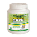A 2 lb white container labeled Affinity Green Free from Swimming Pool Discounters features a green and yellow label with a cartoon mascot, promoting its pool algae remover for crystal clear water and detailing effective algae treatment.