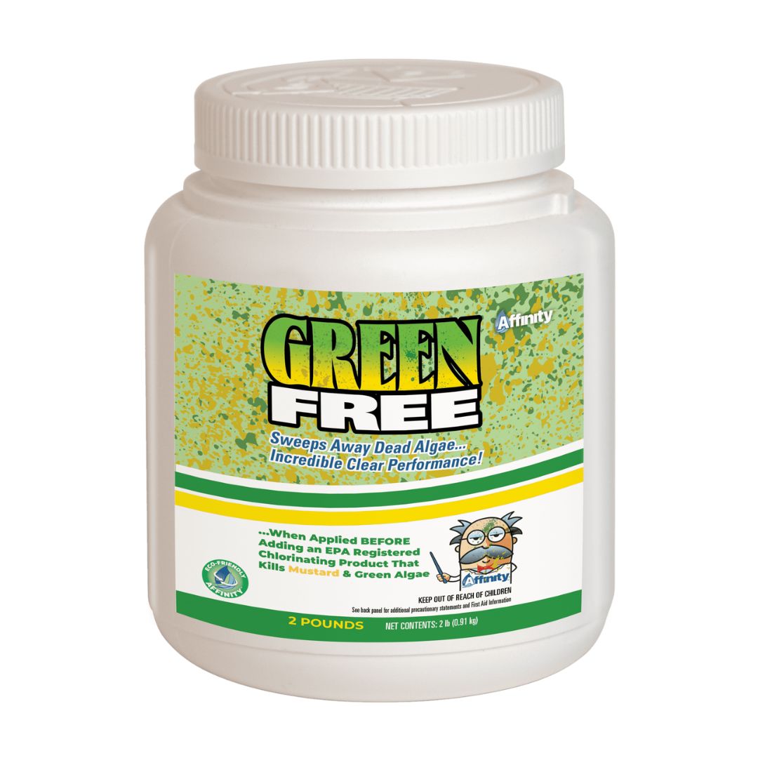 A 2 lb white container labeled Affinity Green Free from Swimming Pool Discounters features a green and yellow label with a cartoon mascot, promoting its pool algae remover for crystal clear water and detailing effective algae treatment.