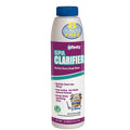 A 24oz bottle of Affinity Spa Clarifier by Swimming Pool Discounters, with a purple cap and label stating “8 ounces free,” offers fast treatment for cloudy spa water and shows a cartoon mascot in glasses holding a sign.