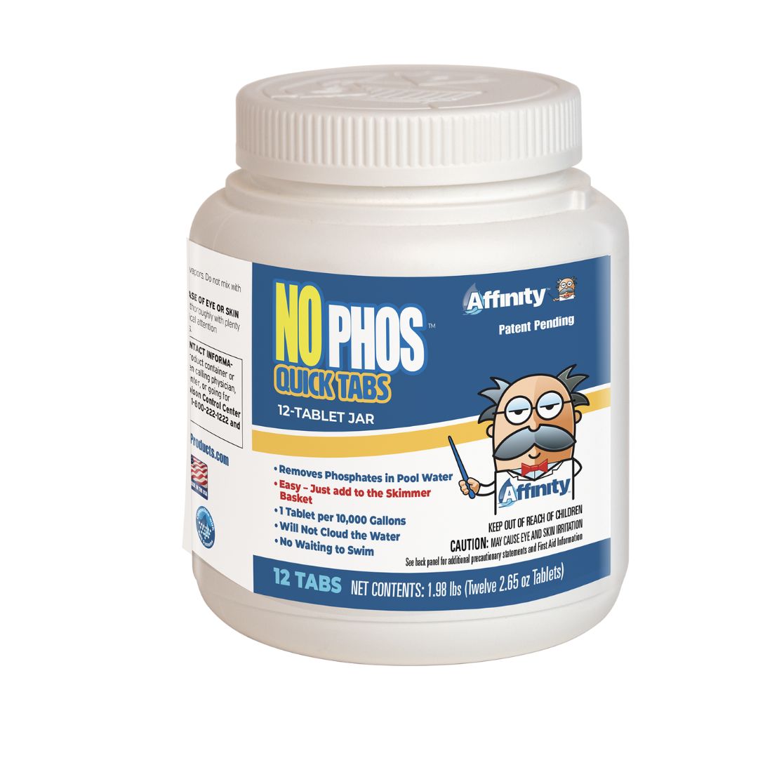 White jar labeled Affinity Phosphate Remover Tablets (12 Tabs) by Swimming Pool Discounters features a cartoon scientist, blue/yellow accents, and fast-release tablets to remove pool phosphates—swim immediately after use!.