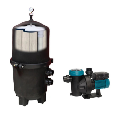 A 525 Sq. Ft. Black Diamond Pressure Cartridge Filter with 2-micron filtration and visible cartridges by Swimming Pool Discounters sits next to a blue and black Silen S 1.5 HP pump, both on a white background.