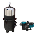 A 525 Sq. Ft. Black Diamond Pressure Cartridge Filter with 2-micron filtration and visible cartridges by Swimming Pool Discounters sits next to a blue and black Silen S 1.5 HP pump, both on a white background.
