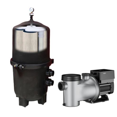 The 525 Sq. Ft. Black Diamond Pressure Cartridge Filter with Moov 2.0 HP Pump from Swimming Pool Discounters is shown in black and silver on a white background, featuring a filter tank with gauge and powerful pump—perfect for pool filtration.