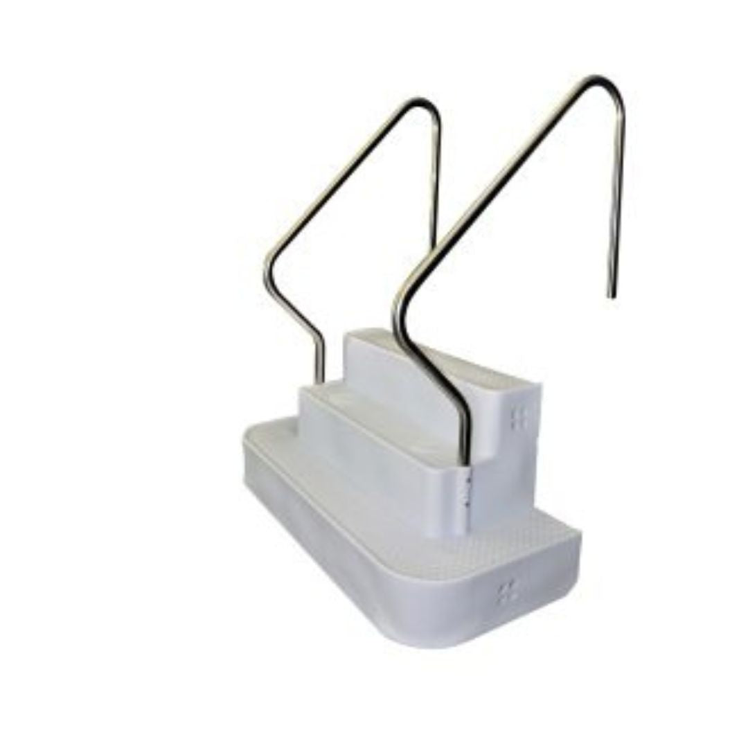 The Inground Pool Step by Swimming Pool Discounters features three textured steps and stainless steel handrails on both sides, providing safe and easy access to your inground pool.
