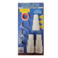 The Blue Torrent Swimming Pool Filter Hose Universal Adapter Kit by Swimming Pool Discounters includes three adapters, two metal hose clamps, and Teflon tape, all organized on a blue cardboard backing with product details.