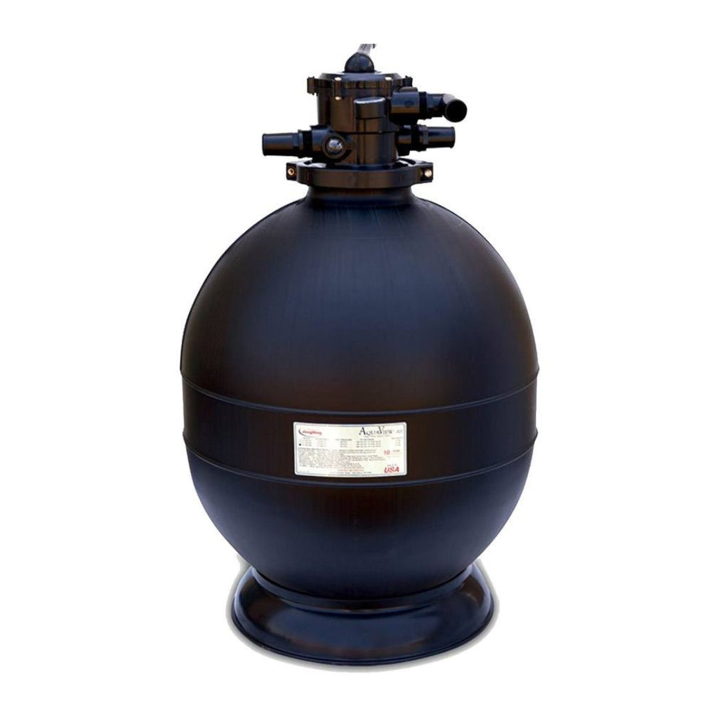 The SPD 20 in. Spectra Sand Filter is a large black, round polyethylene filter tank with a multiport valve, mounted on a circular base with front labeling and shown against a plain background.