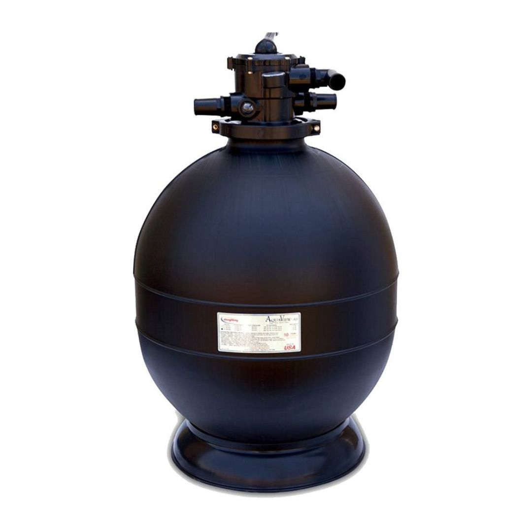 The SPD 20 in. Spectra Sand Filter is a large black, round polyethylene filter tank with a multiport valve, mounted on a circular base with front labeling and shown against a plain background.