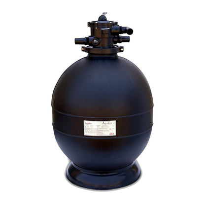 The SPD 20 in. Spectra Sand Filter is a large black, round polyethylene filter tank with a multiport valve, mounted on a circular base with front labeling and shown against a plain background.