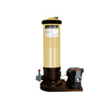The SwimmingPoolDiscounters 180 sq. ft. Hydromatic Pressurized Cartridge Filter System features a tall beige and black cylinder, visible valves and connectors, and includes a 1.5 HP 2-speed pump, all set on a dark base against a white background.