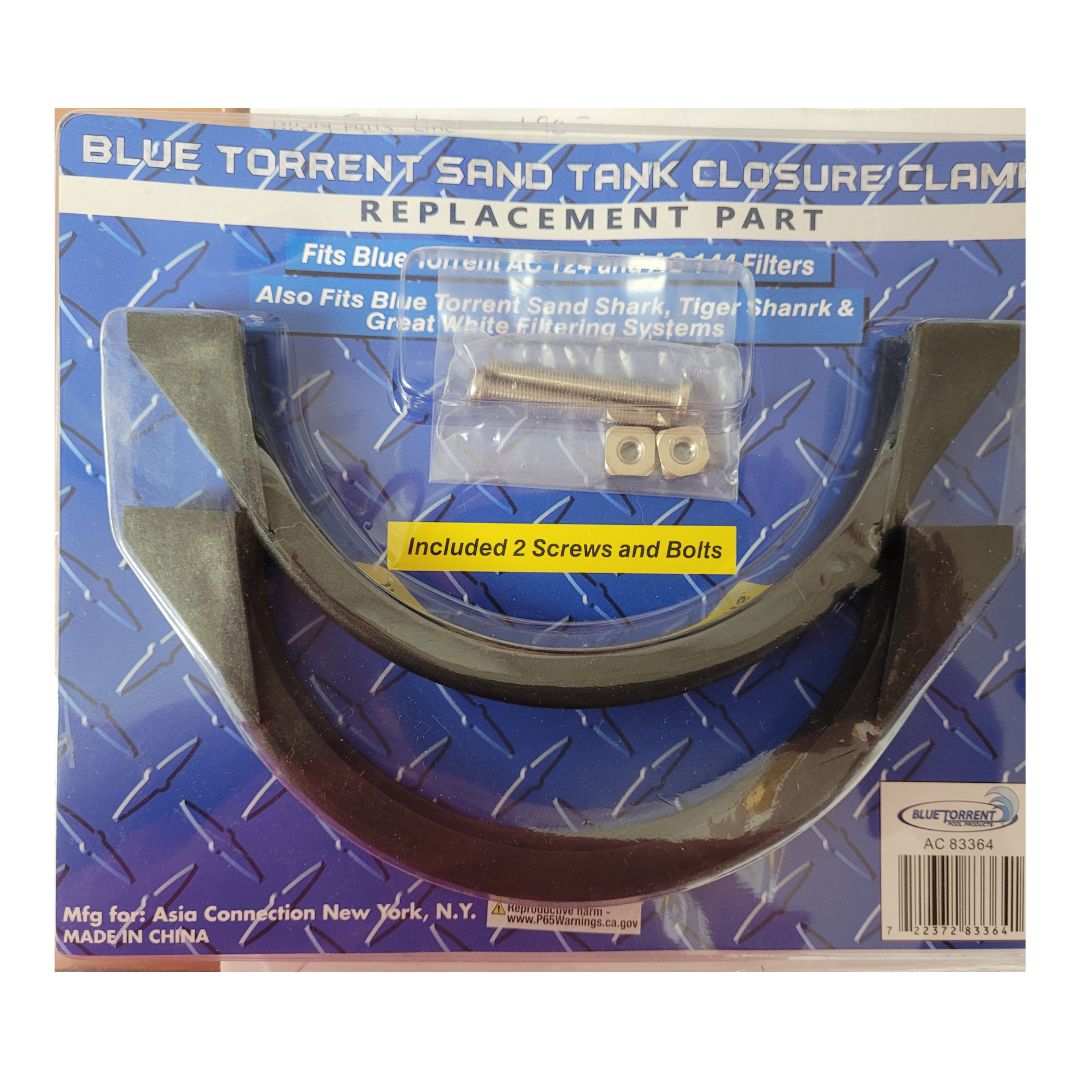 SPD Blue Torrent Sand Tank Closure Clamp package for AC 124 & AC 144 Filters includes two black semicircular clamps, two screws, and two bolts. Fitment details provided; shown on a blue patterned background.