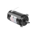 A black cylindrical 1.5 Hp (Super Pump) Replacement Motor by Swimming Pool Discounters features a shaft, metal brackets, and a side label; ideal for replacing your pool pump motor. Shown against a plain white background.