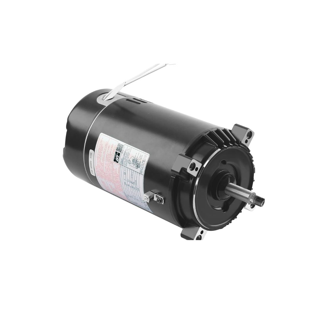 A black cylindrical 1.5 Hp (Super Pump) Replacement Motor by Swimming Pool Discounters features a shaft, metal brackets, and a side label; ideal for replacing your pool pump motor. Shown against a plain white background.