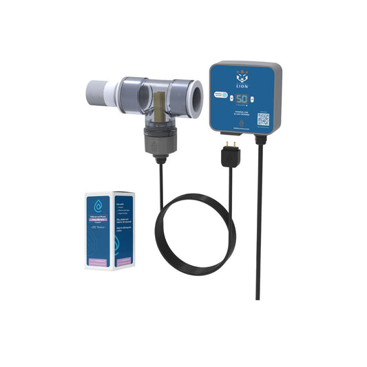 The SPD Lion Ionizer For Pools up to 25,000 Gallons features a digital display, sensor probe, and cable. It comes with a compact box with water drop graphics and text, perfect for monitoring mineral pools or as a chlorine alternative companion.