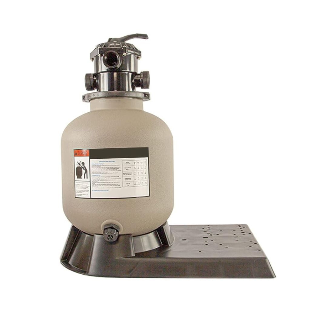 The SPD 18" Sand Filter with Base Only features a beige and black tank, a top-mounted control valve, and is set on a black plastic base. An instruction and diagram label is displayed on the front of the filter.