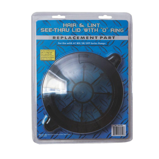 A packaged Swimming Pool Discounters Blue Torrent Universal Pump Replacement Lid with "O" Ring for above ground pumps is shown against a blue diamond-patterned background, featuring product info and compatibility on its packaging.