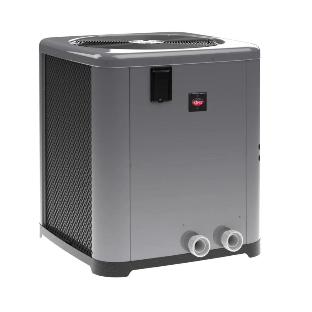 The 118,000 BTU Raypak Weather King Heat Pump by Swimming Pool Discounters is a gray, square outdoor unit with a vented top, two pipe connections at the bottom front, and a control panel on the upper front side.