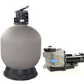 The SwimmingPoolDiscounters 19 in. Sand Man Sand Filter System with 1.5Hp Hi Speed Blue Torrent Pump features a large gray filter and control valve alongside a gray and black pool pump, providing powerful filtration for clear water, all shown on a white background.