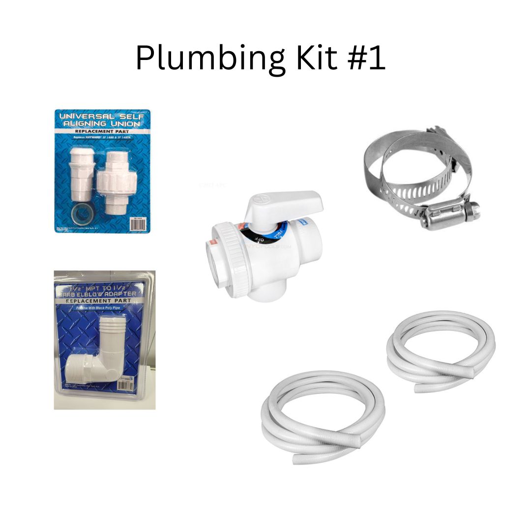 SPD Plumbing Kit #1 includes a universal self-aligning union, white 4-way valve, hose clamp, elbow replacement part, and two white flexible pipes, all shown on a clean white background.