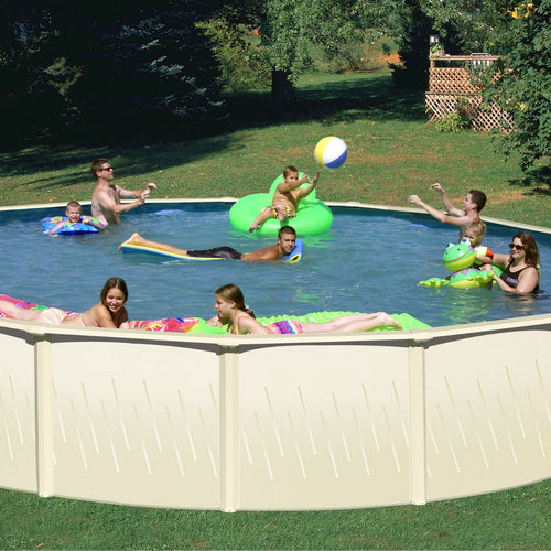 Adults and kids swim and play with inflatable toys and a beach ball in the SPD 24' x 54" Family Fun 6" Hybrid Frame Round Pool & Package, set outdoors on a sunny day surrounded by trees and grass.