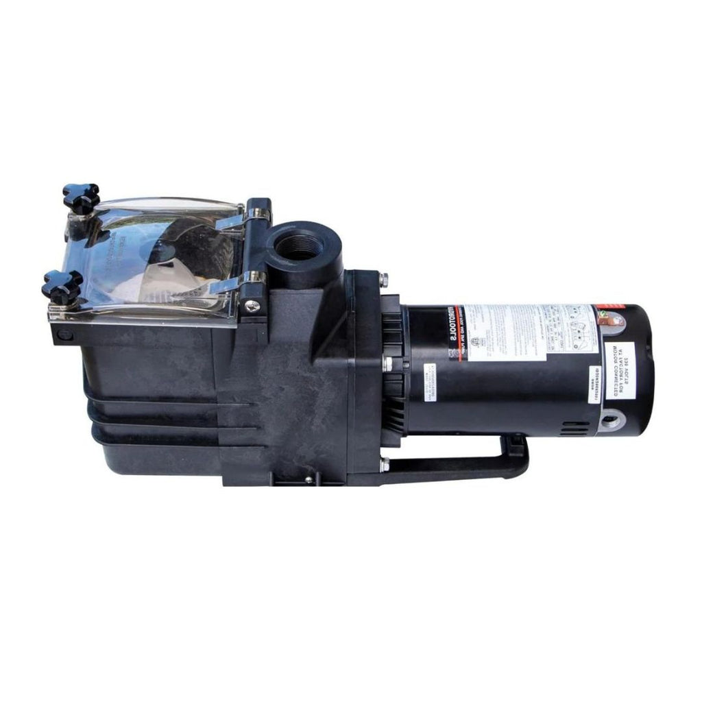 A 1.5 Hp Motor Only by Swimming Pool Discounters is shown from the side on a white background; black housing, clear lid with visible bolts, and a replacement 1.5Hp motor label are visible.