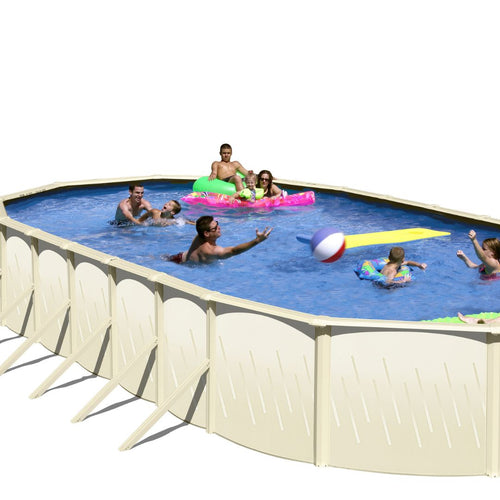 Six people have fun in an SPD 12'x24'x54" Family Fun 6" Hybrid Frame Oval Braced Pool, relaxing on floats and playing with a beach ball. This steel frame pool features beige supports and is set against a plain white background.