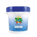 A white plastic container with a blue lid labeled SPD Clearview 3" Chlorine Tabs - 25LB features a green frog and highlights slow-dissolving, stabilized chlorine tablets for effective pool sanitation.