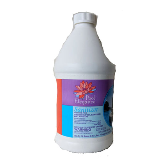 The SPD Pool Elegance Sanitizer 1/2 Gallon Bottle (Biguanide) is a white plastic bottle with a red and blue label, featuring a secure white screw cap. It sanitizes pools and controls algae with no odor or eye burn.