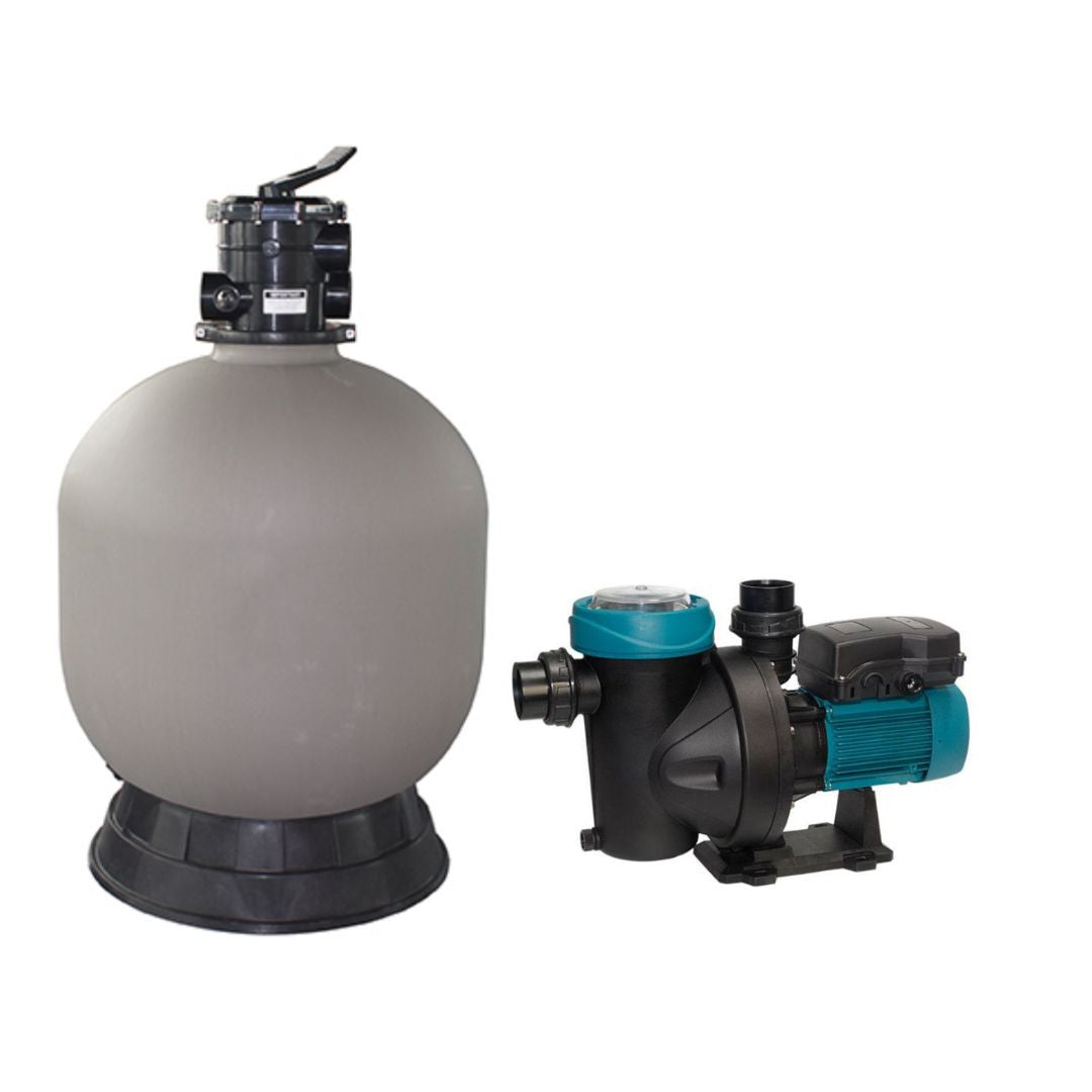 The SPD 19 in. Sand Man Sand Filter System with 1.5Hp Silen1 Pump, for above-ground pools, features a large gray filter next to a black and teal pump, both displayed on a white background.