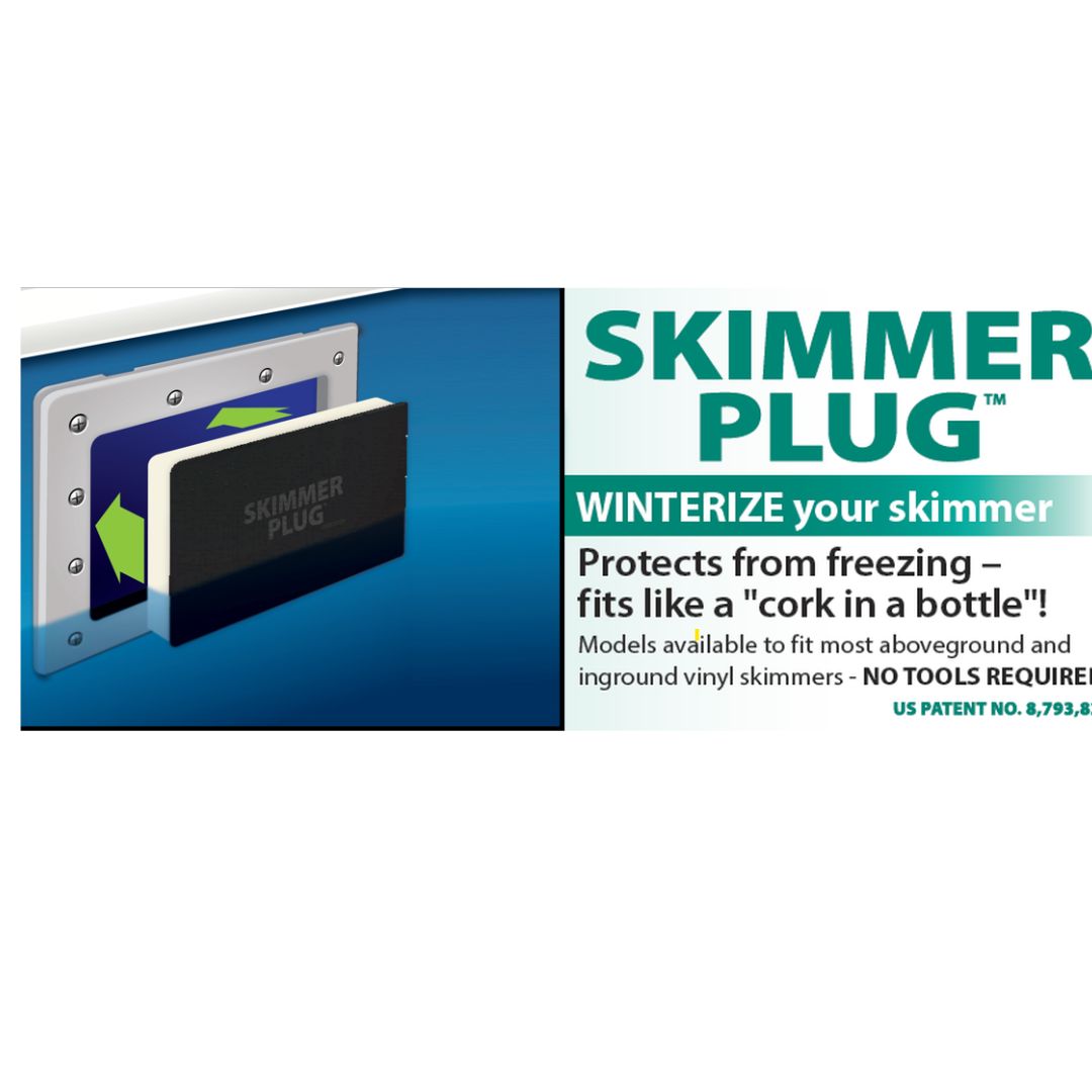 A Skimmer Plug by Swimming Pool Discounters is shown inserted into a pool skimmer. Text: Skimmer Plug—Winterize your skimmer easily, protects against freezing, fits securely with no tools needed. Ideal for winterizing pool skimmers.